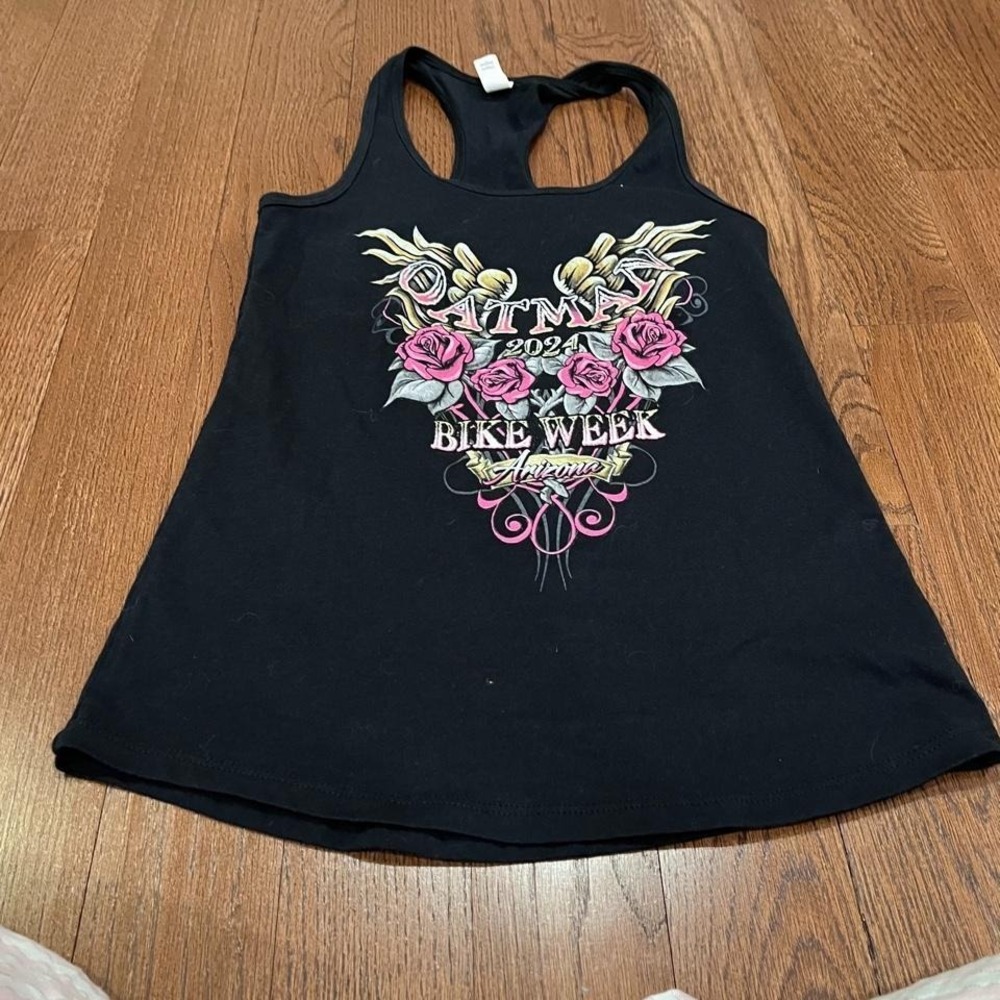 🍟y2k black‎ and pink rose graphic biker tank small
